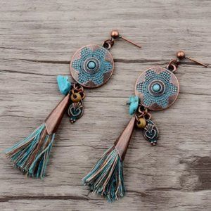 Copper Drop Ethnic Stone Tassel Earrings
